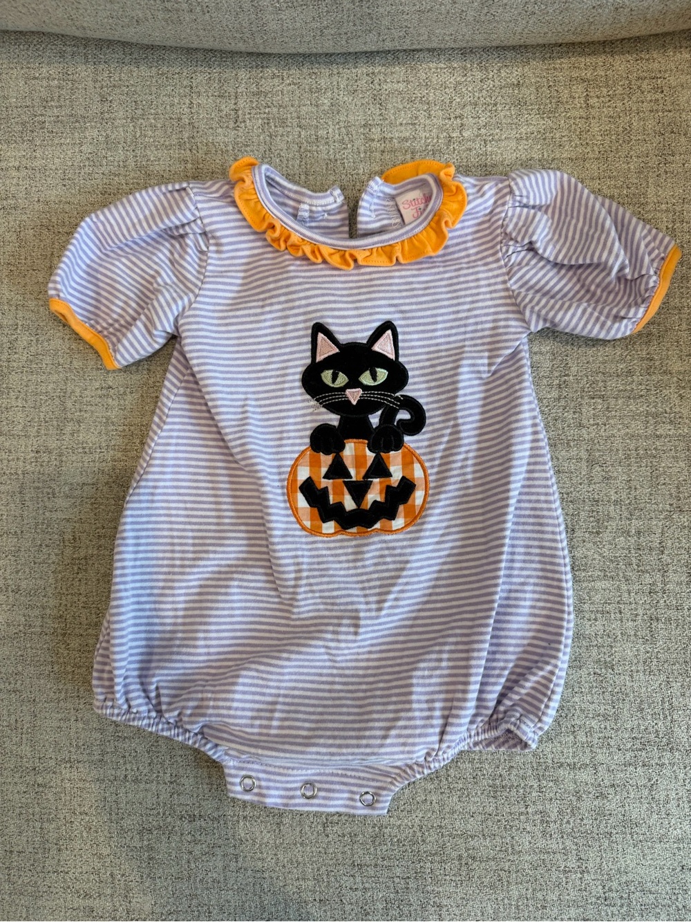 Striped Halloween Black Cat Pumpkin Baby One-Piece with Orange Trim